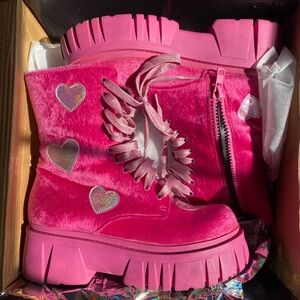 Club exx pink heart platform combat boots